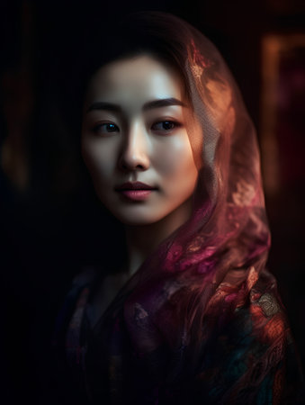 Beautiful asian woman with veil over dark background, closeup portraitの素材