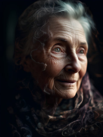 Portrait of an elderly woman with veil on her face. Toned.の素材