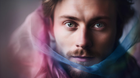 Portrait of a young man with a beard and mustache in a pink scarfの素材