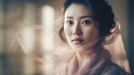 Portrait of beautiful Asian woman with veil looking at camera through windowの素材