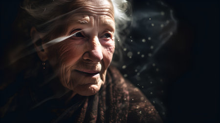 Portrait of an elderly woman on a dark background. The concept of loneliness and sadness.の素材