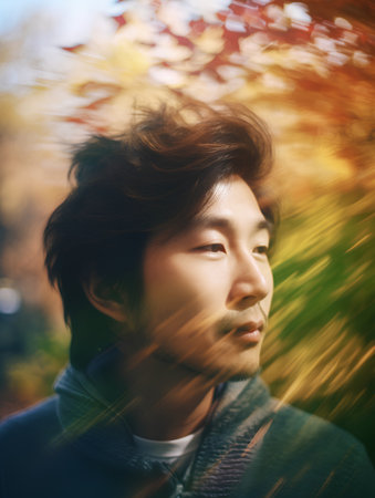 young handsome asian man portrait in autumn park, lifestyle people conceptの素材