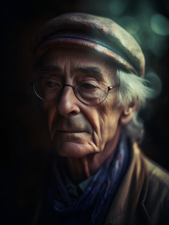 Portrait of an old man with glasses and a cap. Toned.の素材