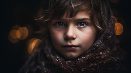 A portrait of a beautiful little girl with blue eyes wearing a scarf.の素材