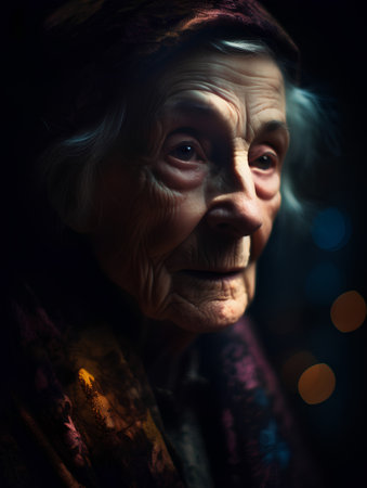Portrait of an elderly woman on a background of a night city.の素材