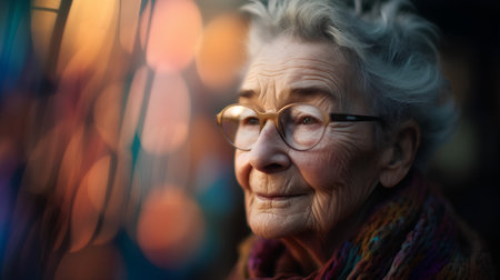 Portrait of an elderly woman with glasses. Selective focus.の素材