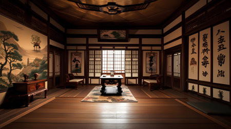 3D render of a traditional japanese room with a windowの素材