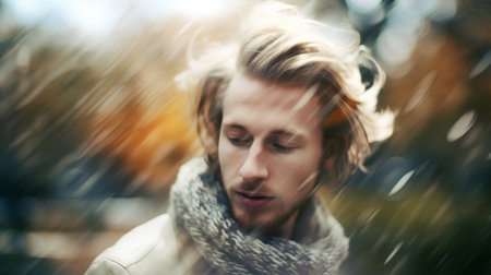 Portrait of a young man in a coat and scarf in the rainの素材