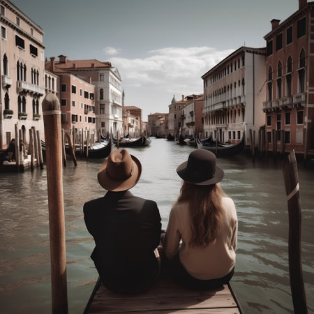 Young couple in venetian gondolas in Venice, Italyの素材