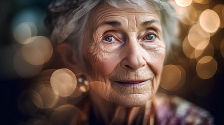 Portrait of a happy senior woman with light bokeh backgroundの素材