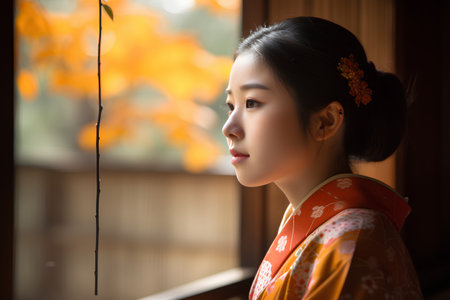 Portrait of a beautiful asian girl in traditional japanese kimonoの素材