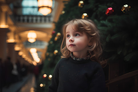 Portrait of a cute little girl with Christmas tree on the backgroundの素材