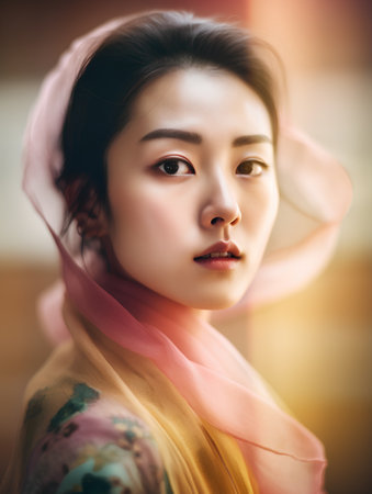 Portrait of beautiful asian woman with pink scarf on her headの素材