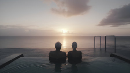 Silhouette of two women sitting on the edge of a swimming pool at sunsetの素材