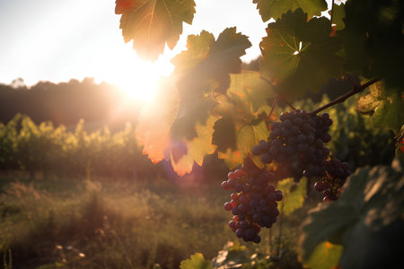 Ripe grapes in vineyard at sunset, Tuscany, Italyの素材