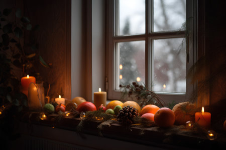 Burning candles on the windowsill. Christmas still life in a cozy room.の素材