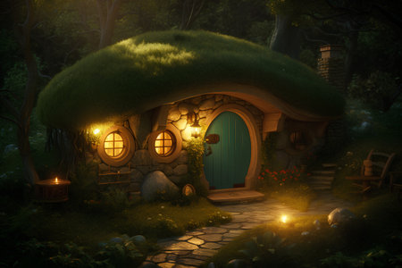 Fairy house in the forest at night. 3D rendering.の素材