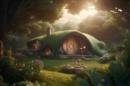 Beautiful fantasy house in the garden at sunset. 3d renderの素材