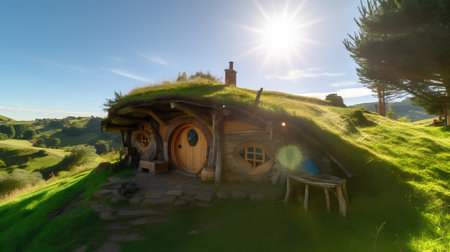 3D CG rendering of Traditional house in the grassy meadowの素材