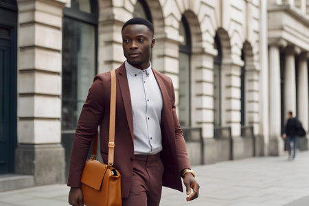 Fashionable african american man in stylish clothes with bag on city street.の素材