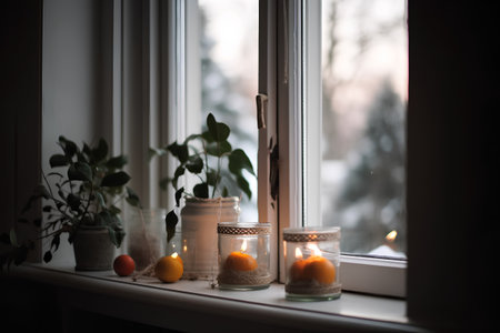 Burning candles on the windowsill in the evening. Tangerines and tangerines.の素材