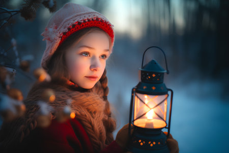 Cute little girl with a lantern in the winter forest. Christmas concept.の素材
