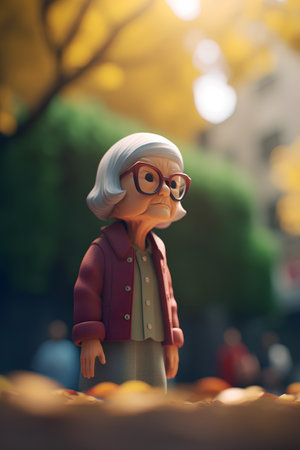 Old woman in glasses on the background of autumn leaves. Selective focus.の素材