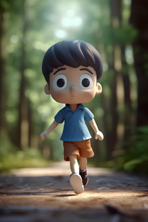 3D rendering of a little boy running in the forest with a blurred backgroundの素材