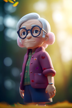Cute little girl with glasses in the autumn park. 3d rendering.の素材