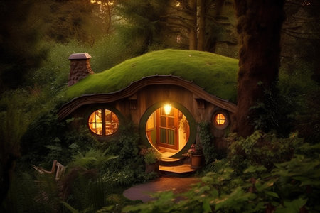 Fairy-tale cottage in the forest at night with lights onの素材