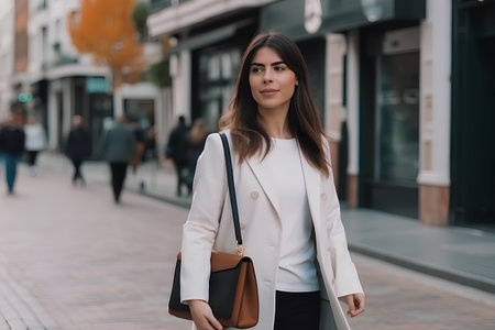Portrait of a beautiful young brunette woman with long hair in a white coat and black pants walking on the street.の素材