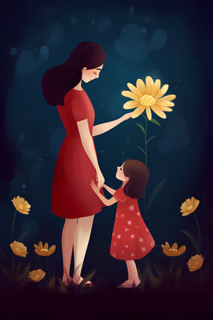 Mother and daughter holding yellow flowers. Vector illustration in cartoon style.の素材