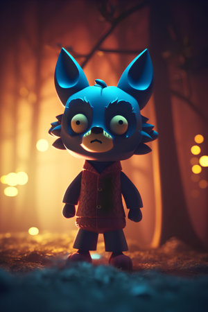 Funny little blue monster standing in the forest. Halloween concept.の素材