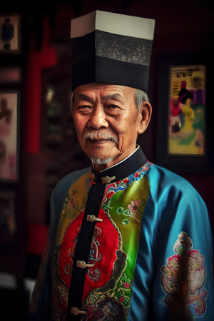 Old Chinese man in traditional costume in a traditional Chinese house, close-upの素材