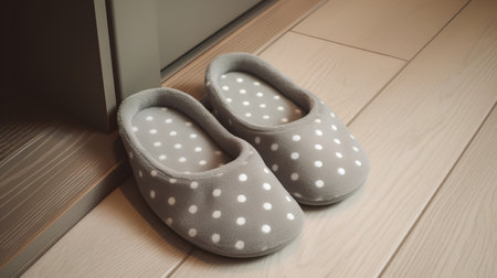 Pair of cute baby shoes on wooden floor. Toned.の素材