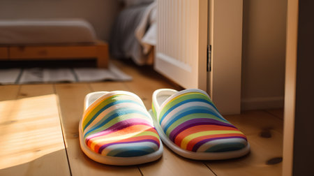 Colorful slippers on the floor in the bedroom. Selective focus.の素材