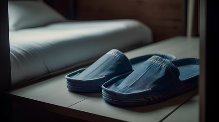 Blue jeans slippers on the bed in the bedroom. Selective focus.の素材