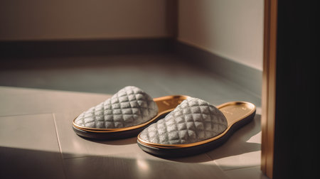 Pair of slippers on the floor. Selective focus.の素材