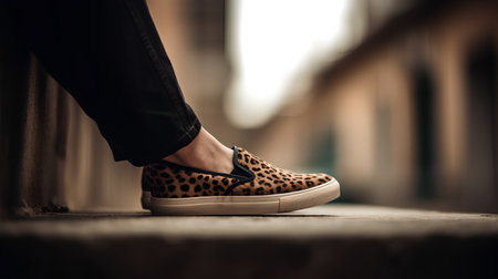 Low section of a woman wearing leopard shoes in the street.の素材
