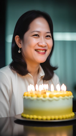 Beautiful asian woman celebrating birthday with cake and candles in the roomの素材