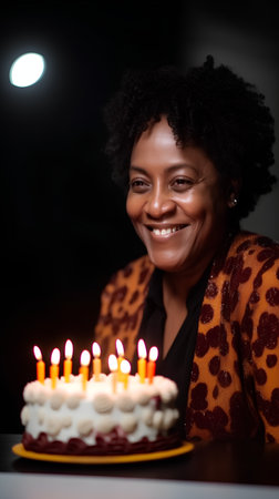 Beautiful african american woman celebrating birthday with cake and candlesの素材