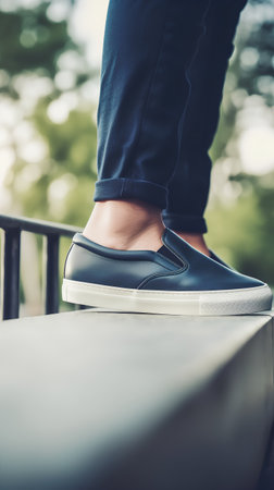 Close up of male legs in black pants and blue leather shoes.の素材