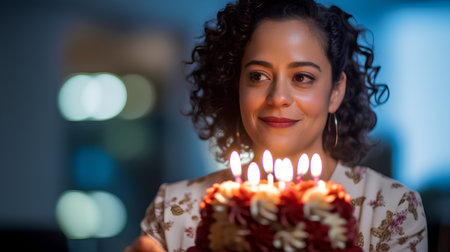 Portrait of beautiful young woman with birthday cake in her hands.の素材