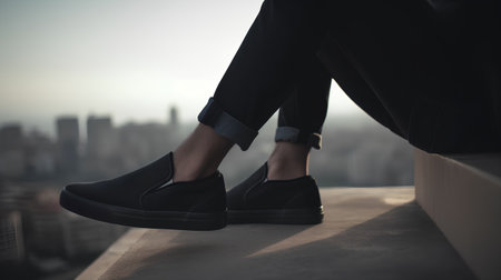 Low section of businesswoman wearing black shoes standing on balcony with cityscape in backgroundの素材