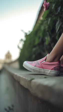Closeup of woman legs in pink sneakers standing on a stone wall.の素材