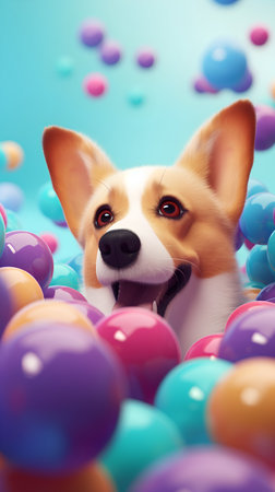 Welsh corgi dog with colorful balloons. 3d illustration.の素材