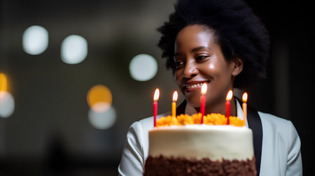 happy african american woman with birthday cake in cafe at nightの素材