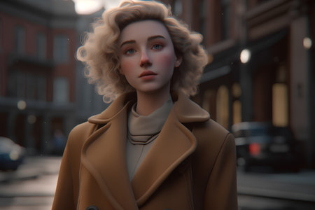 3D rendering of a girl in a coat on a city streetの素材