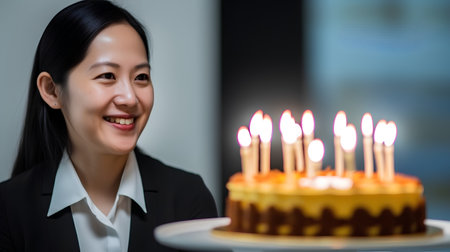 Beautiful asian businesswoman holding birthday cake with candles in the officeの素材