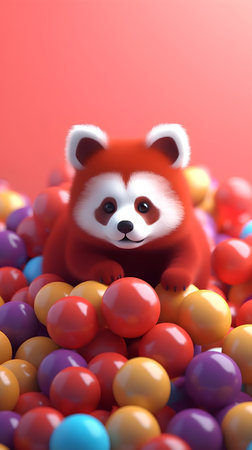 Red panda with colorful balls on a red background. 3d renderingの素材